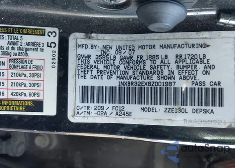 2008 Toyota Corolla S z USA, uszkodzony, nr VIN 1NXBR32EX8Z001987